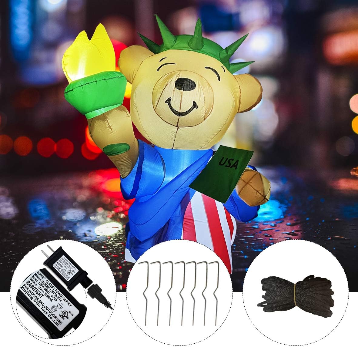 GOOSH 6 ft Tall Patriotic Independence Day Inflatable American Bear with Torch and USA Book Blowup Inflatables with Build-in LED Lights for Party Indoor,Outdoor,Yard,Garden,Lawn Decorations: Garden & Outdoor