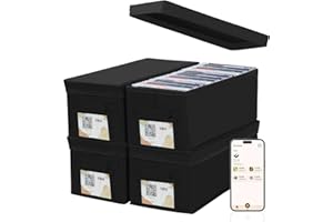 tidytech CD Storage Boxes with Smart Labels,Dvd Case 4 Pack Foldable CD Organizer with Lid Stackable Jewel Cases with Handles,Holds 35 CDs for DVD Disks Tapes,Black 13.78" L x 6.3" W x 5.12" H