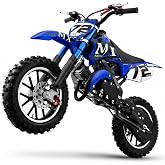 50cc 2-Stroke Kids Dirt Bike Gas Dirt Bike for Youth Kids 8-14 Boys Blue | 24 MPH Top Speed, 19-Mi Range, 225 Lb Max Load; Front &amp; Rear Dual Disc Brakes, Dual Suspension, Kill Switch, Pull Start