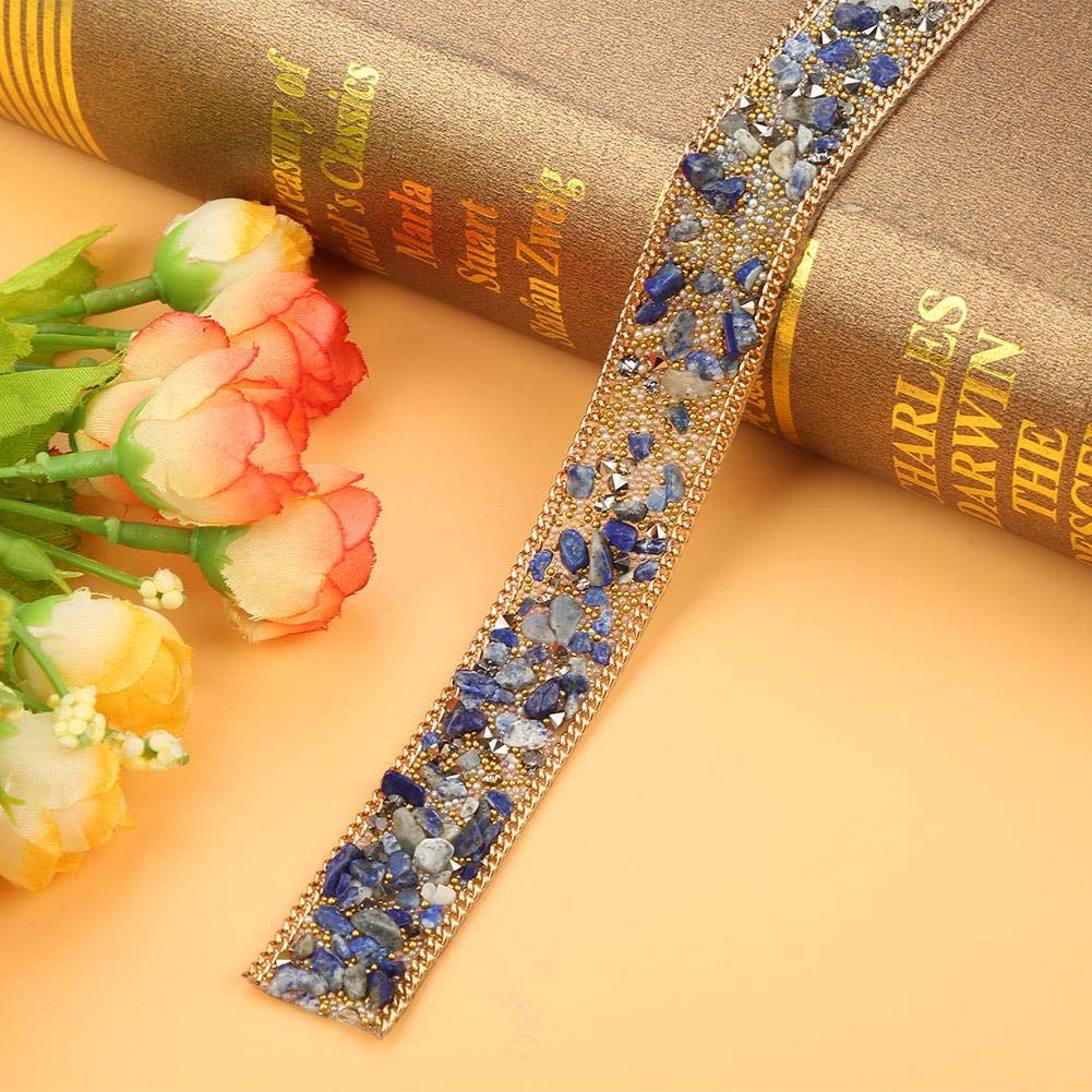 Wedding Rhinestones Pearls Trim, 1M 2cm Width Crystal Beaded Rhinestone Crystals Trim Iron On Patch Bridal Applique Crystal Beaded Applique For Clothes Bag Shoes (Blue + Gold Beads + Gold Chain