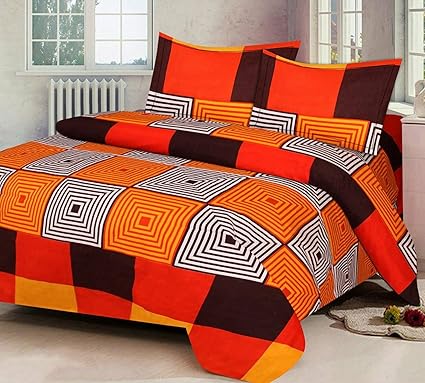 Super India Printed 130 TC Polycotton Double Bedsheet with 2 Pillow Covers - Orange