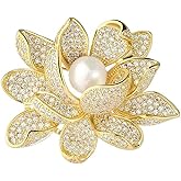Dainty Gold Rhinestone Flower Brooch Graceful Luxurious CZ Pearl Floral Brooch Pin Trendy Banquet Jewelry Accessories Gift for Women Ladies