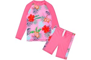 TFJH E Girls Swimsuit UPF 50+ UV Two Piece Long Sleeve Swimwear Rash Guard Sets 3-12Y