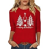 Woffccrd Womens Christmas 3/4 Sleeve Crew Neck T-Shirts Merry and Bright Leopard Christmas Tree Graphic Tee Tops