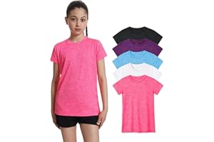Orrstarry 5 Pack Girls Athletic Shirts Short Sleeve Dry Fit Sports T-Shirts Crew Neck Activewear Tees Tops for Kids Teens