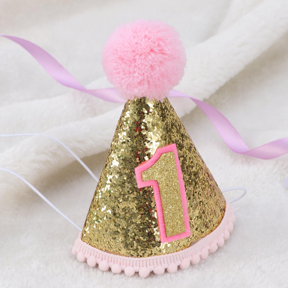 TOYMYTOY Glitter Sparkle Princess 1st Birthday Cone Hat with Adjustable Headband for Baby Girl Party Supplies (Pink) - Image 5