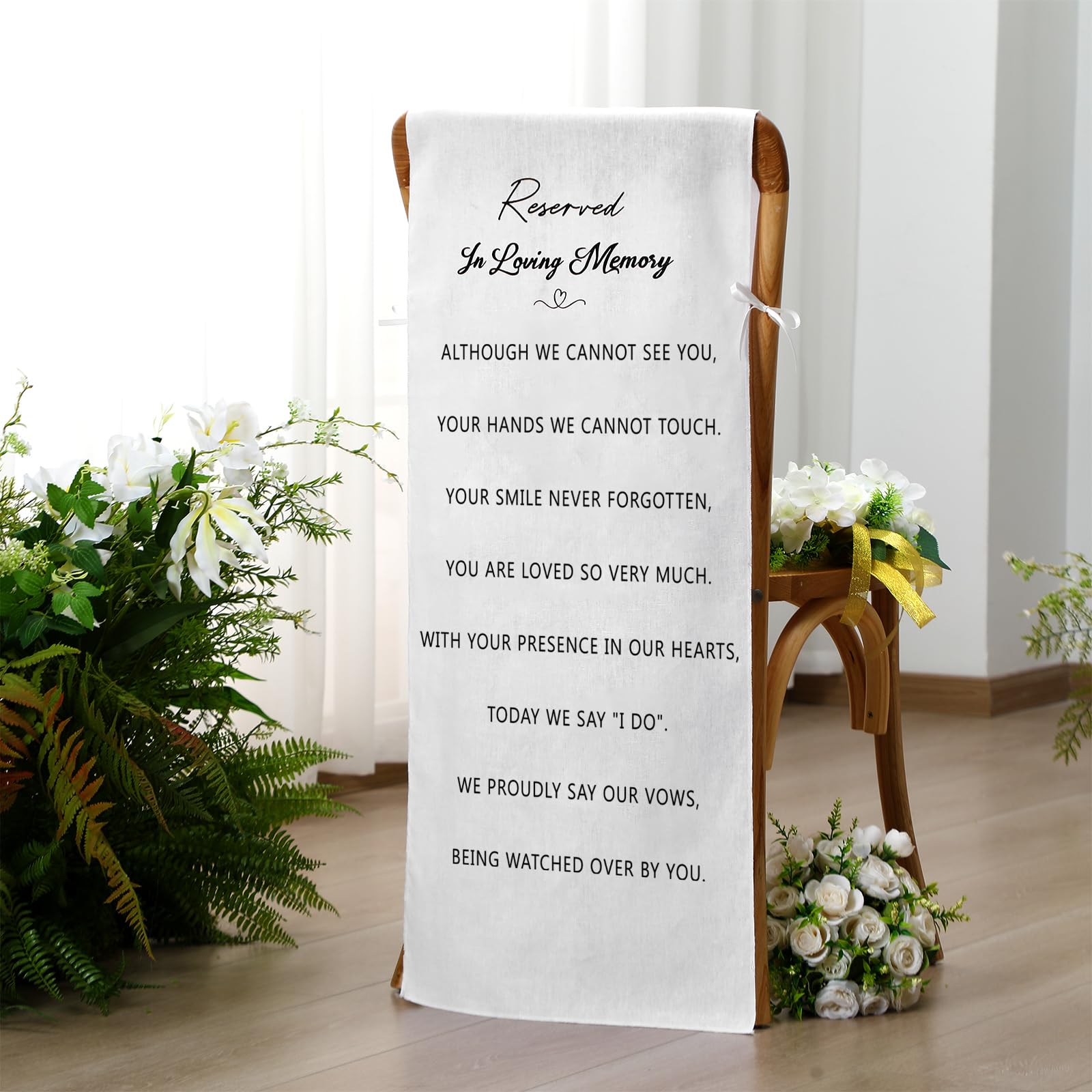 Photo 1 of HunnmingRe Reserved Wedding Chair Sign Banner in Loving Memory Reserved Signs for Wedding with Love from Heaven Cotton Linen 15'' x 50'' Save a Seat for Someone in Heaven Be There(White,Loving)