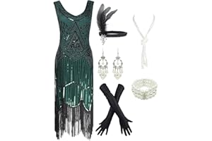 ESRTYERYH WOMEN COSTUME 1920s Gatsby Sequin Fringed Paisley Flapper Dress with 20s Accessories Set