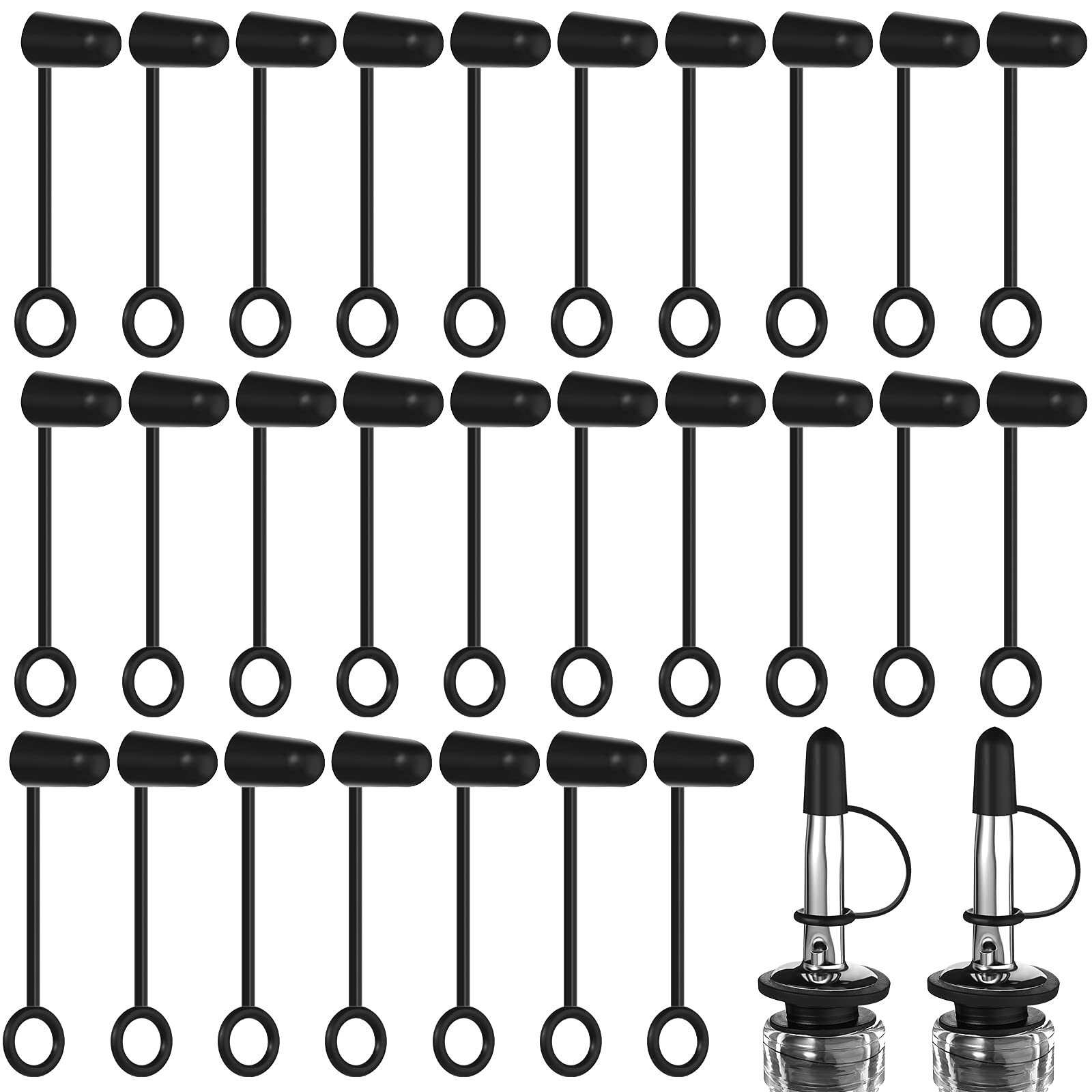 Zopeal 100 Pieces Pourers Dust Caps Black Pourers Covers with Loop Hooded Olive Oil Liquor Bottle Pour Spout Covers Rubber Caps (Not Include the Spout)