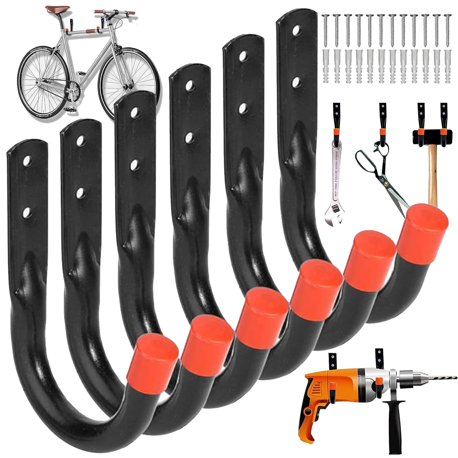Pack of 6 Heavy Duty Storage Hooks, J Hooks, Heavy Duty Garage Storage Hooks, Wall Hooks Garage for Screws, Hanger Organiser, Wall Hooks, for Hanging Tools (Weight Capacity: More than 30 kg)