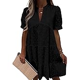 Imily Bela Womens Summer Lace Dresses Eyelet Casual Flowy Babydoll Swing Short Sleeve V Neck Tunic Dress