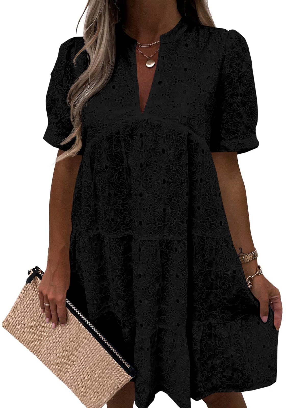 Photo 1 of Imily Bela Womens Summer Lace Dresses Eyelet Casual Flowy Babydoll Swing Short Sleeve V Neck Tunic Dress Black