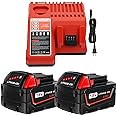 WORTHMAH 2 Pack 5.0Ah 18V Replacement Batteries and Charger Replacement for Milwaukee M18 Lithium Ion Battery Compatible with Milwaukee 48-11-1815 48-11-1820 48-11-1828 Cordless Power Tools