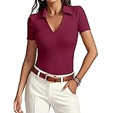 Meetrendi Womens Short Sleeve Business Casual Tops Summer V Neck Polo Work Shirts 2025 Fitted Basic Collared Shirt