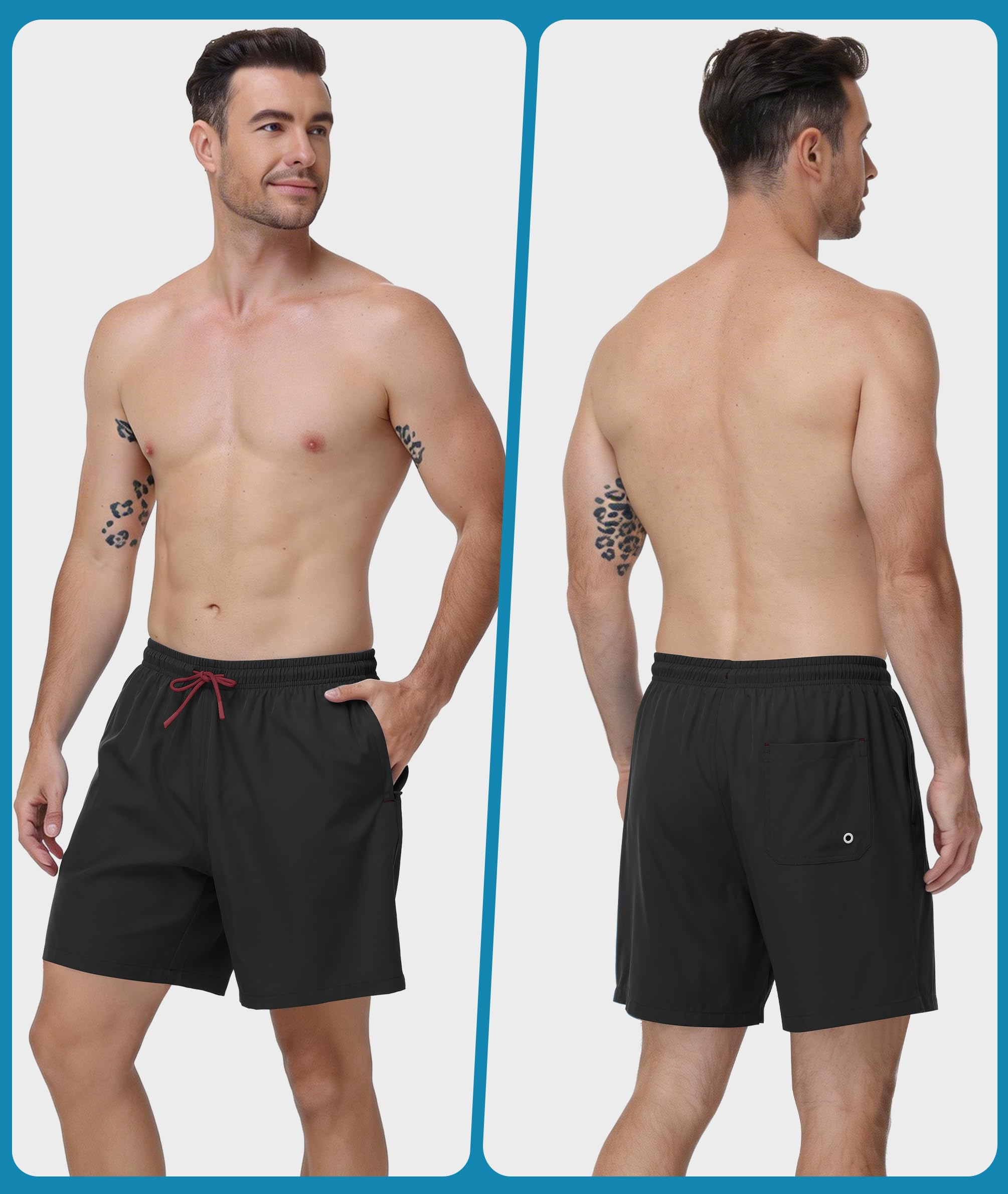 Zoofly Schwimmhose Herren mit Taschen Gym Shorts Zipper Pockets Boardshorts für Männer Atmungsaktive Badehose Mann mit Tunnelzug Schwarz L 2