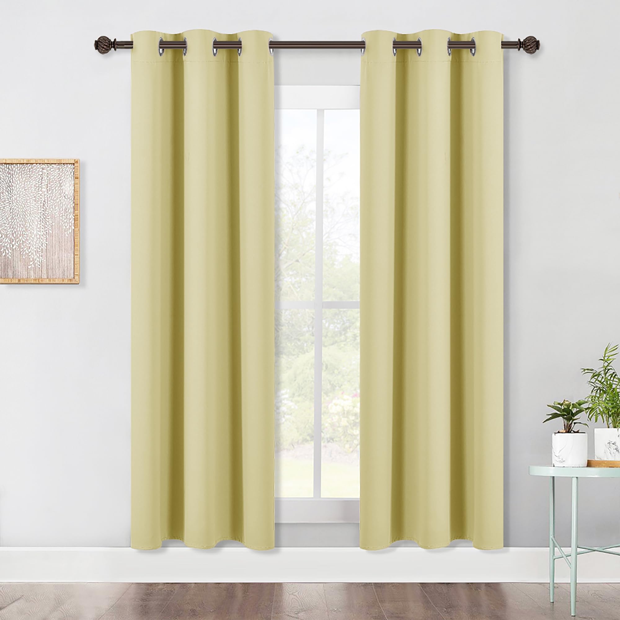 NICETOWN Bedroom Blackout Draperies Panels, 2 Panels, 42 x 72 Inch, Paler Yellow, Three Pass Microfiber Noise Reducing Thermal Insulated Solid Ring Top Window Curtains Image