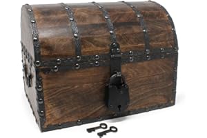 Nautical Cove Wooden Treasure Chest with Decorative Rivets and Reinforcing Iron Strips with Iron Lock and Skeleton Keys (Medium 11x8x8) – Wooden Lock Box, Pirate Decor Chest, Keepsake Box