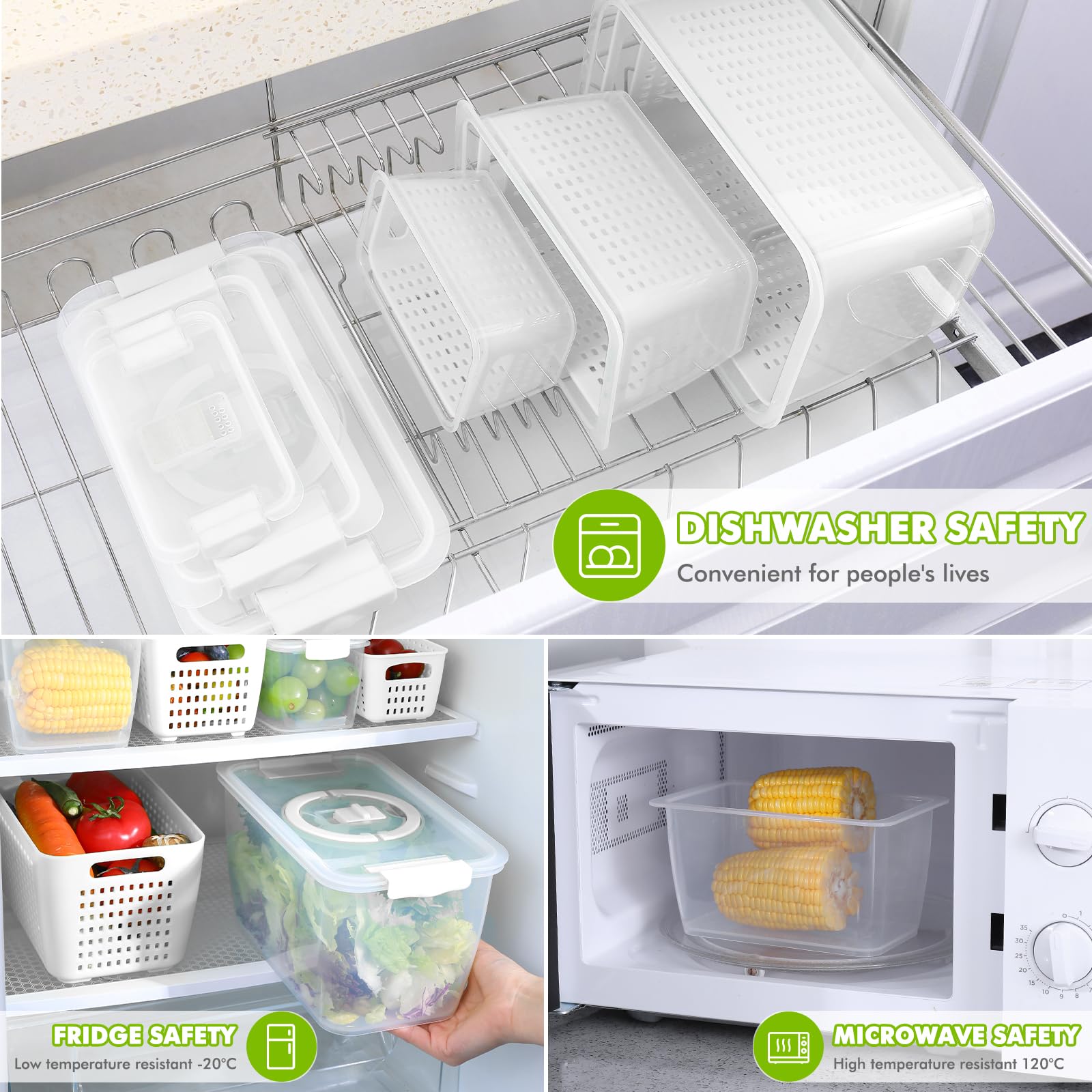 Luxear 3 Set Frischhaltedosen mit Deckel Abtropfgitter, 4L+1,7L+0,5L Kühlschrank Vorratsdosen Set, BPA Frei Frischhalteboxen mit Griff Luftablassventil, für Gemüse Obst Salat Spülmaschinenfest 5