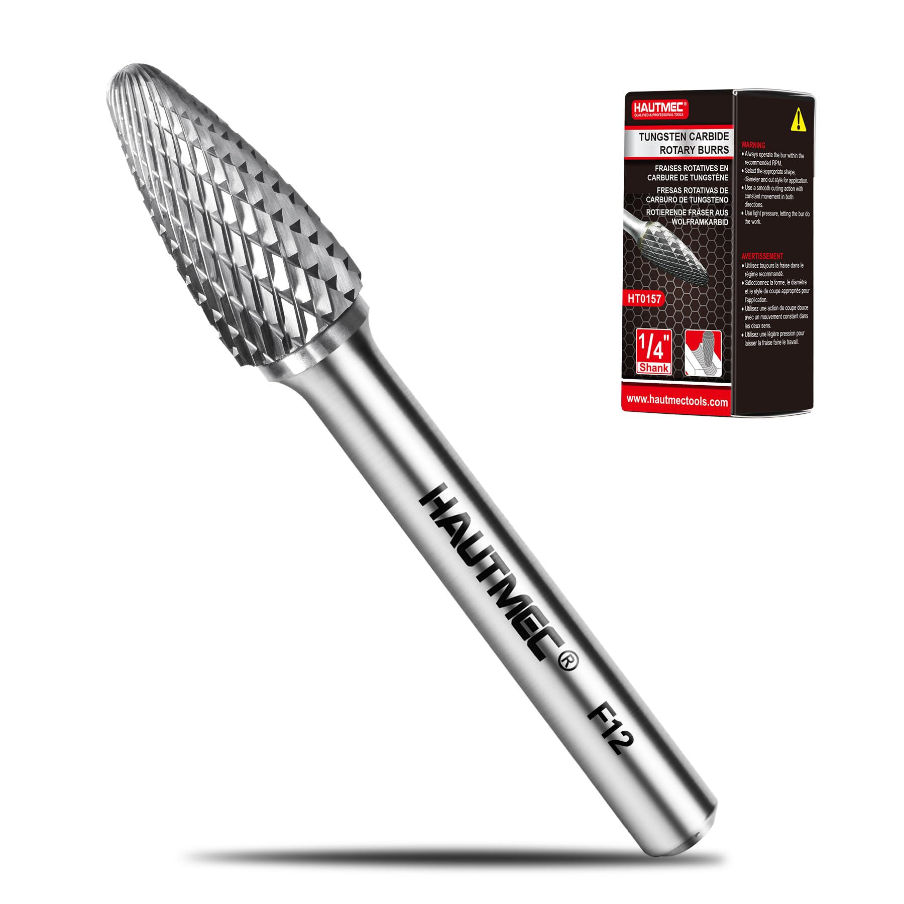 HAUTMEC Tungsten Carbide Rotary Burr Bit YG6, 1/4" Shank Double Cut Die Grinder Bit, Low Vibration Precision Rotary File for Metal Grinding, Engraving & Deburring (12MM Conical), HT0157
