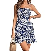 WDIRARA Women's Boho Floral Print Ruffle Mini Dresses Wrap Tie Waist Sleeveless Cami Dress