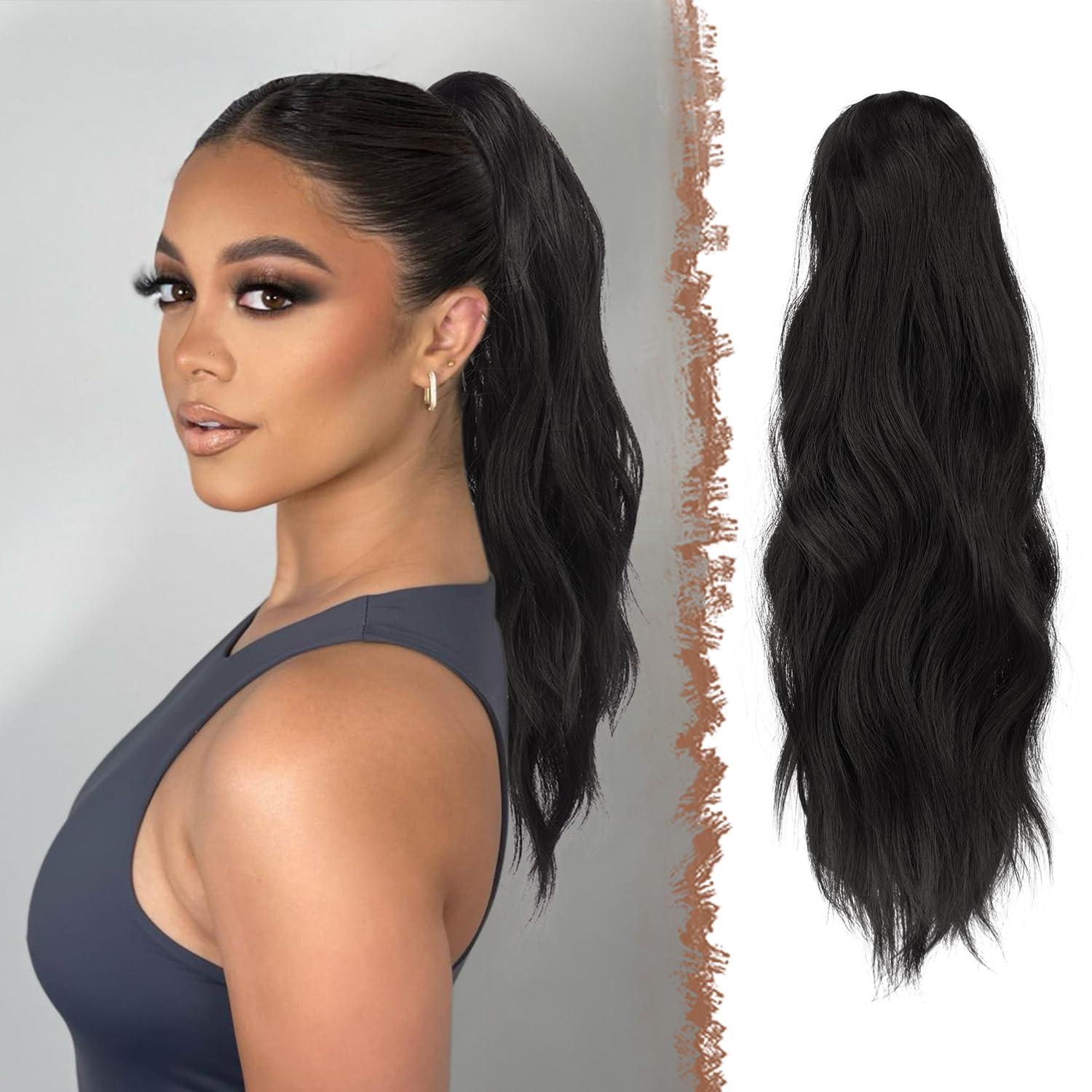 FESHFEN Ponytail Extensions, Long Claw Clip in Ponytail Hairpiece Synthetic Black Pony Tails Hair Piece Ponytail with Claw Clip Natural Wavy Hairpieces for Women, 20 inch — image 1