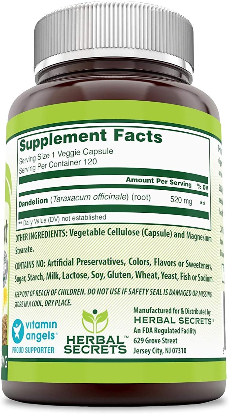 Herbal Secrets Dandelion Root 520 Mg 120 Veggie Capsules (Non-GMO) - Improve Gastrointestinal Health, Reduces Throat Inflammation, Soothes Upset Stomach*: Health & Personal Care