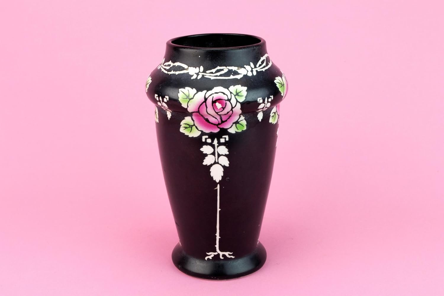 Black Shelley Pottery Tapered Flower Vase Art Deco Pink Rose