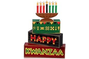 Yuntau 4 Pcs Happy Kwanzaa Table Decorations Kwanzaa Tiered Tray Decor Rustic African Candlestick Wood Block Tabletop Sign Gift Centerpiece Farmhouse Table Decor for Home Office Party Supplies