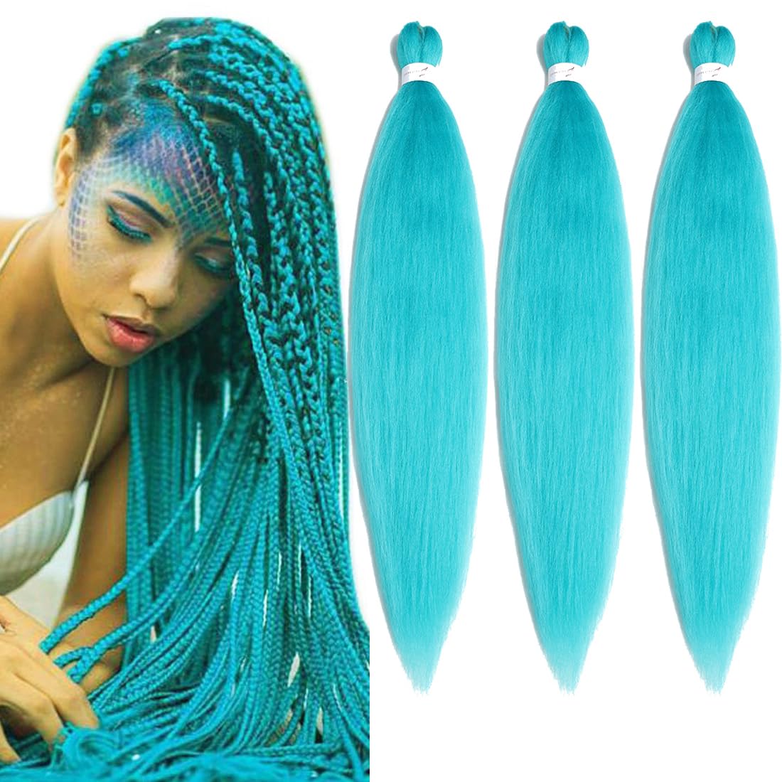 Photo 1 of Cyan Blue Pre Stretched Braiding Hair Long Braiding Hair Extensions 30 Inch 3 Packs High Temperature Synthetic Fiber Hair For Crochet Twist Braids Hot Water Setting(30inch,Cyan Blue)