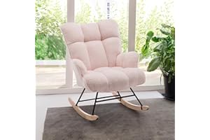 SAETSFEG Nursery Rocking Chair Teddy, Upholstered Glider Rocker with High Backrest, Comfortable Stylish Accent Armchair with Padded Seat for Living Rooms, Bedrooms, Pink