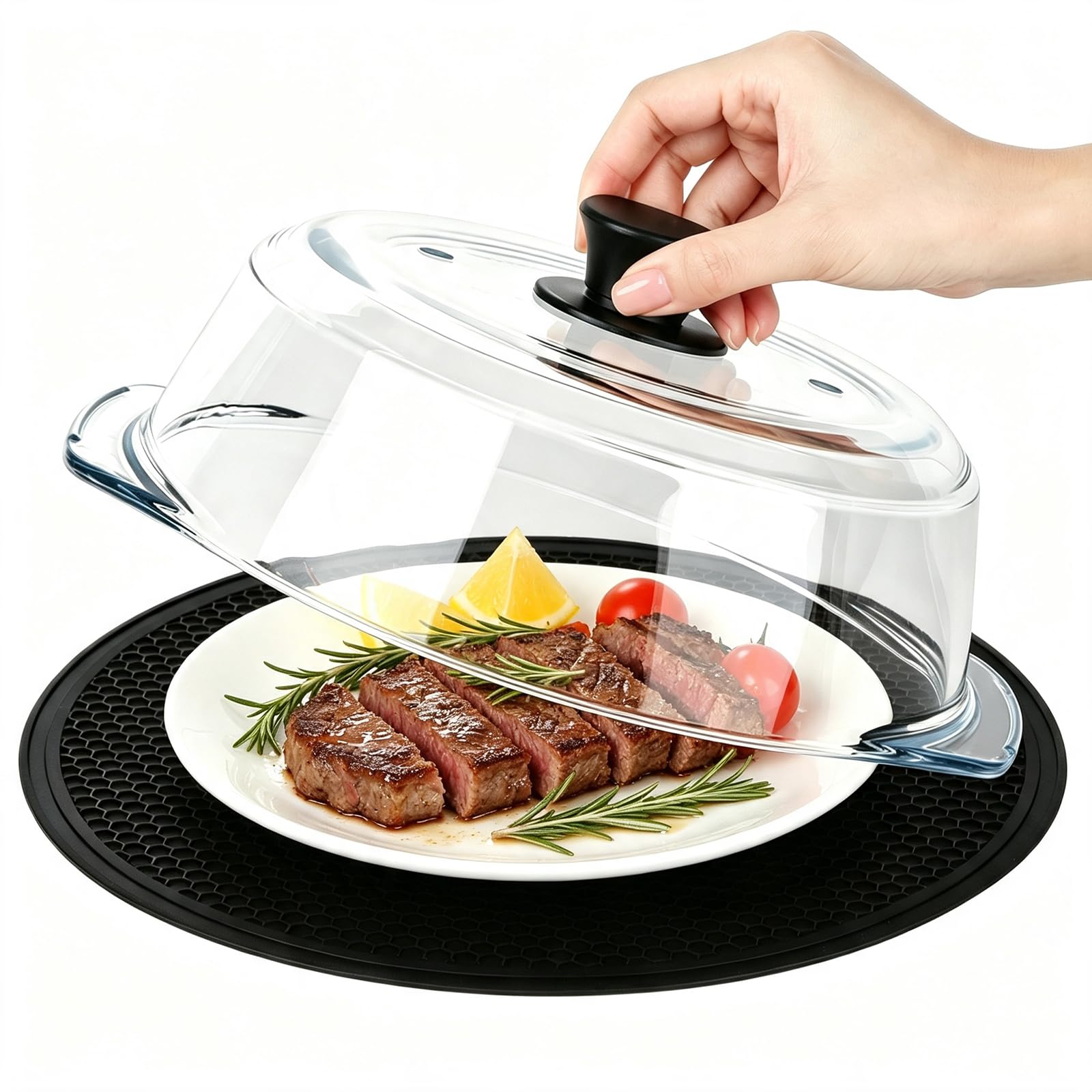 Comrzor 2 in 1 Tall Glass Microwave Splatter Cover with Microwave Place Mat | Plate Splatter Guard Lid for Food with Vent Hol