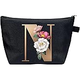 CTNUOBEE Small Letter Comestic Bag Gold Alphabet with Flower Makeup Bag Portable Travel Stuff Bag Zipper Bag Initial Toiletry Pouch Personalized Gifts for Women (N)