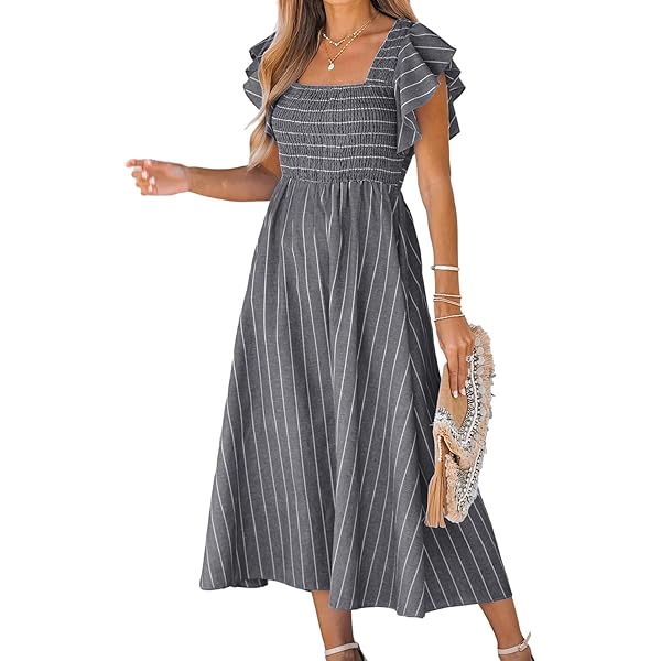 CUPSHE Women's Striped V-Neck Mini Dress - Smocked Waist With Self Tie Back Summer Casual Dress