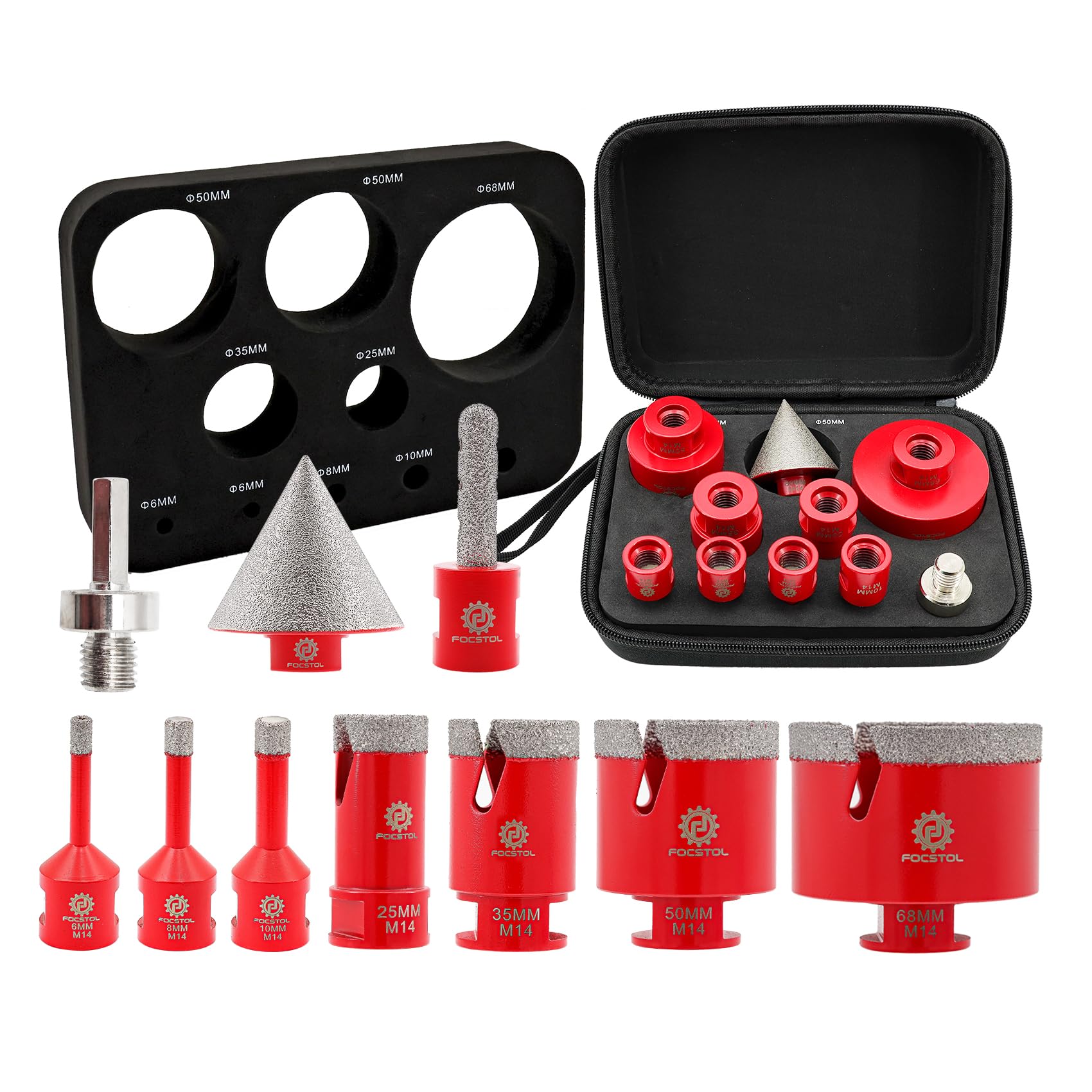 FOCSTOL Diamant Fliesenbohrer Set - 10 Stück (6/6/8/25/35/50/68mm+10mm Fingerfräser+50mm Fasenbohrer+Adapter) Diamant Lochsäge Set M14 Gewinde für Porzellan Keramik Fliesen Marmor Granit