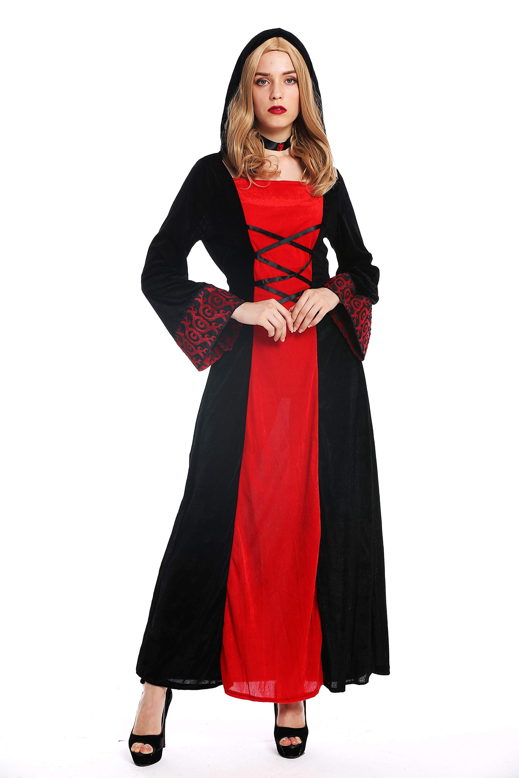 dressmeup W-0032 Lady Woman Costume Fancy Dress Halloween Long Medieval Elf Elfin Fairy Enchantress Dress wide hood black red Size S