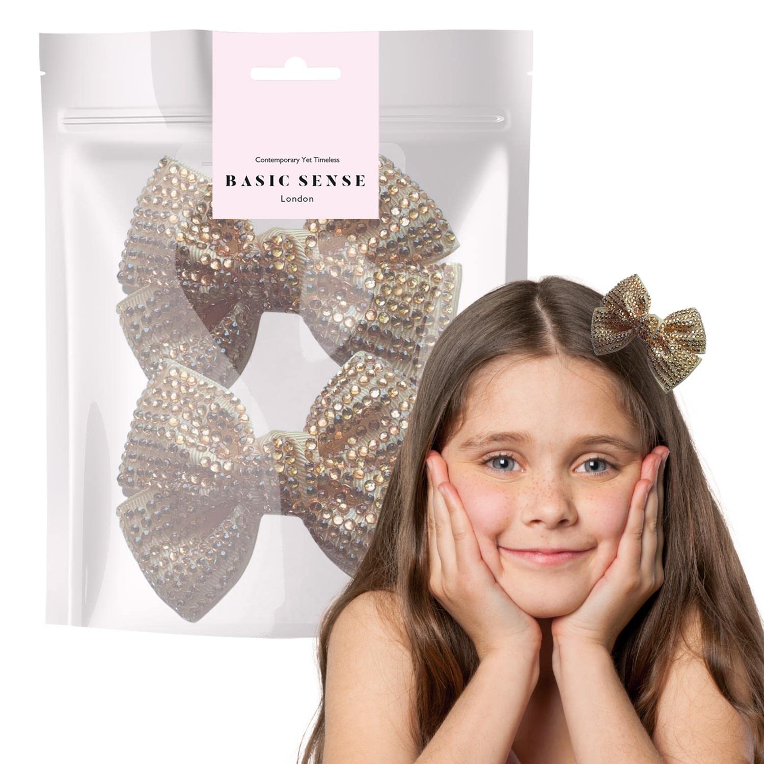BasicSense 2 Pieces Rhinestone Bow Hair Clips Diamante Ribbon Crocodile Alligator for Girls, Gold