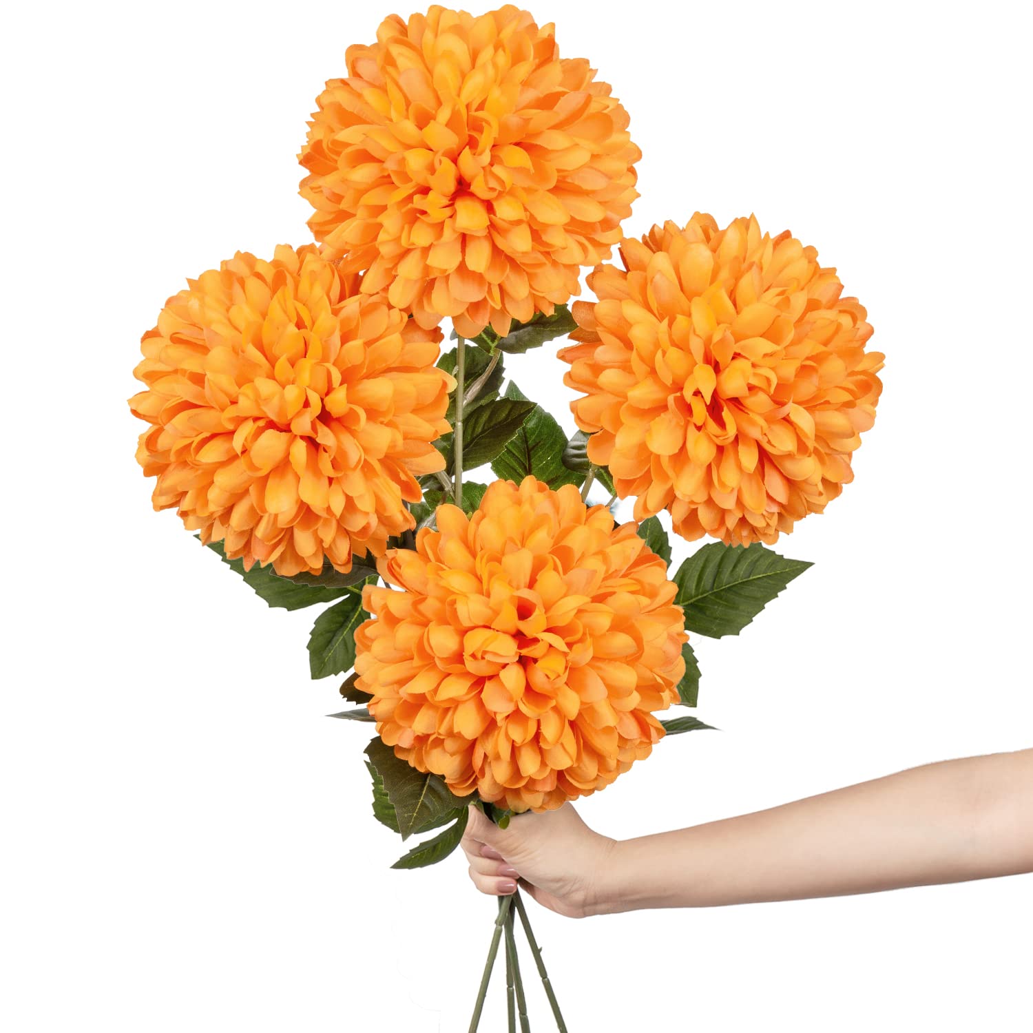 Hollyone 6'' Large Artificial Chrysanthemum Flowers with 25.6'' Long Stem, 4 pcs Orange Fake Silk Flowers Faux Ball Flower for Home Decor, Bridal, Wedding, Party, Garden, Floral Arrangement