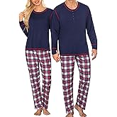 SWOMOG Couple Christmas Pajamas MEN & WOMEN Pjs Long Sleeve Top & Plaid Bottom Soft Sleepwear Loungewear