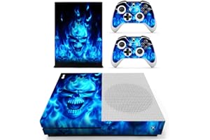 DOMILINA Protective Vinyl Skin Decal Cover for Xbox One S Console wrap Sticker Skins with Two Free Wireless Controller - Blue Flame Skull
