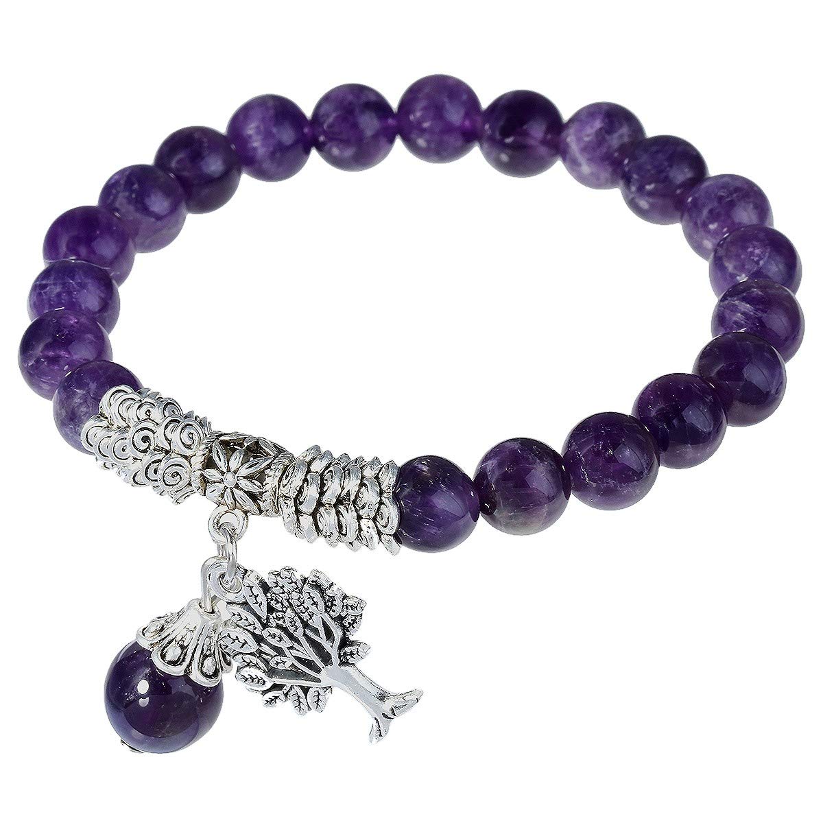mookaitedecor Natural Amethyst Semi Precious Gemstone Tree of Life Stretch Bracelet Elastic, Reiki Chakra Purple Quartz Healing Crystal Stone Beads Bracelet 8mm Tree of Life Jewellery Women Men
