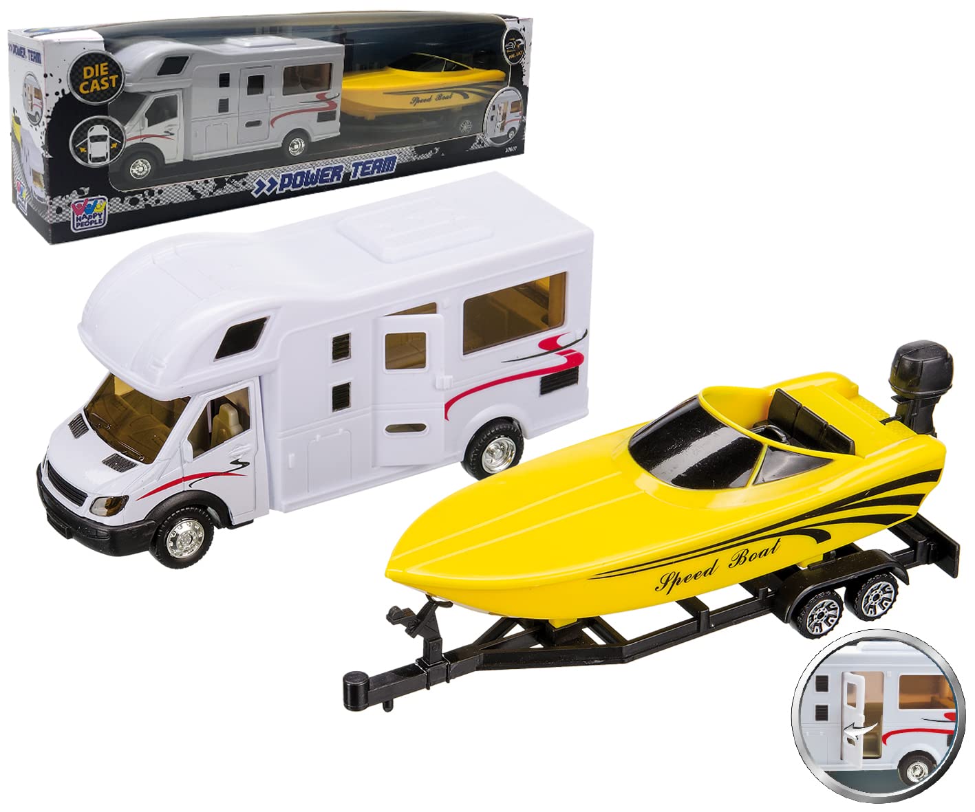 Happy People 30007 – Motor Home Campervan with Trailer 36 cm, Assorted Colours