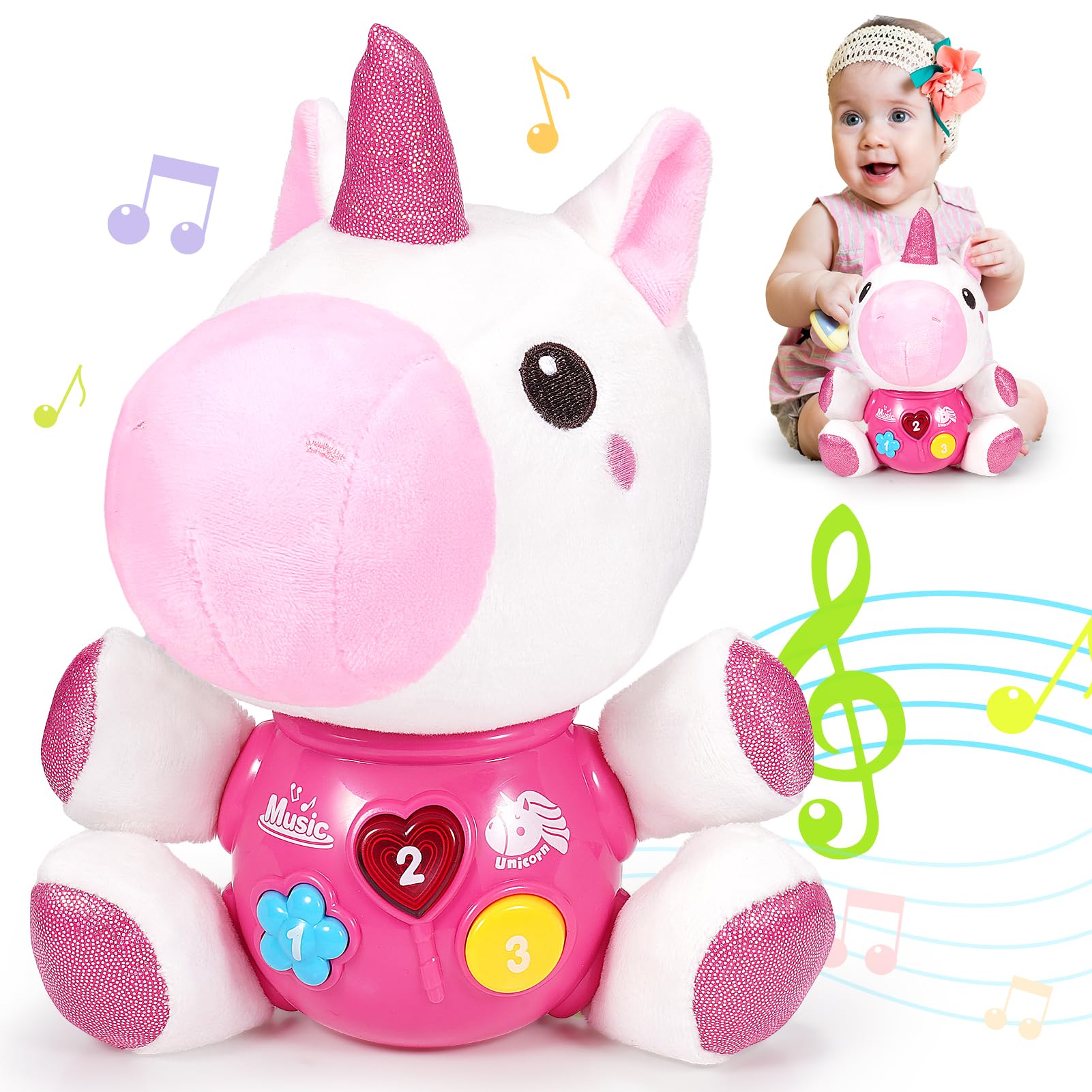 Toyzey Musical Unicorn Toys for 1 2 3 Year Old, Baby Toys 6 9 12 Months Unicorn Gifts for Girls Age 1 2 3 Tummy Time Soft Toys Girls Baby Gifts 6-12 Months Montessori Toys for 1 Year Old