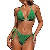 Fanuerg Women's Halter String Thong Bikini Sets Sexy Triangle Top Two Piece Swimsuit Textured Bathing Suit
