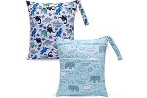 eaxin 2pcs Cloth Diaper Wet Dry Bags Waterproof Reusable with Two Zippered Pockets Travel Beach Pool Daycare Soiled Baby Items Yoga Gym Bag for Swimsuits or Wet Clothes-Cute Animal,Dinosaur