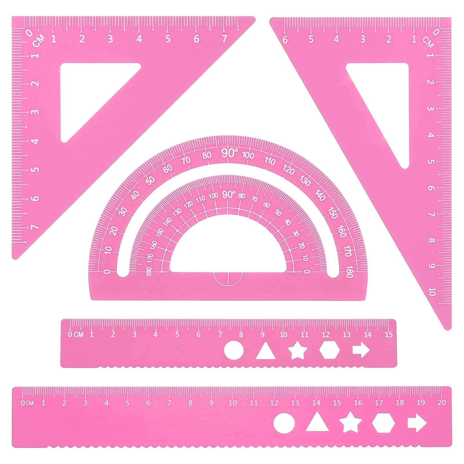 PATIKIL Triangular Ruler Set, 15cm 20cm Aluminum Metric Ruler, 45°60°Triangular Ruler and Protractor, 5 Packs, Pink