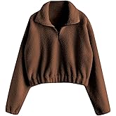 ZAFUL Women's Fashion Long Sleeve Lapel Half Zip Plain Faux Fur Sweatshirt Solid Color Crop Pullover Tops