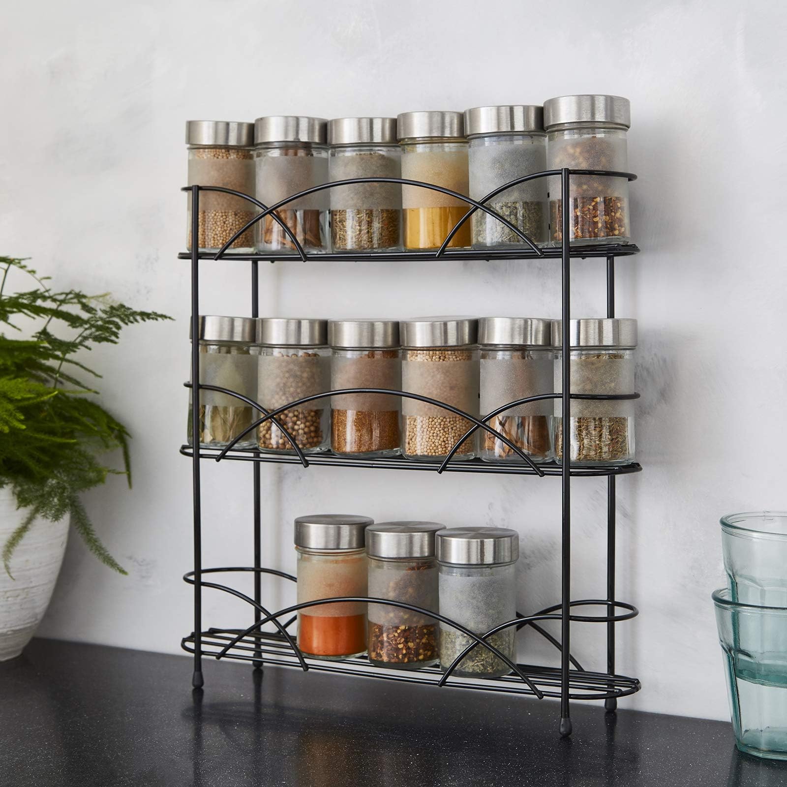 House of Home - 3 Tier Free Standing Spice Rack - Black - Steel Spice Organiser with Non-Slip Rubber Feet - Stylish Spice Rack for Kitchen - Rust Proof and Suitable for Inside Cupboards