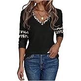 SweatyRocks Women's V Neck Long Sleeve T Shirts Casual Leopard Print Going Out Tee Tops