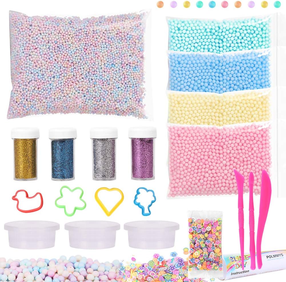 POLMMYS Slime Making Kit Including Unfading Foam Beads(Size 0.1-0.25 inch), Glitter Shake Jars, Slime Containers, Fruit Pieces, Slime Tools and Moulds for DIY Slime Making Art Craft (10 Pack)
