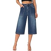 roswear Women’s Wide Leg Capri Pants Stretchy High Waisted Loose Denim Jeans